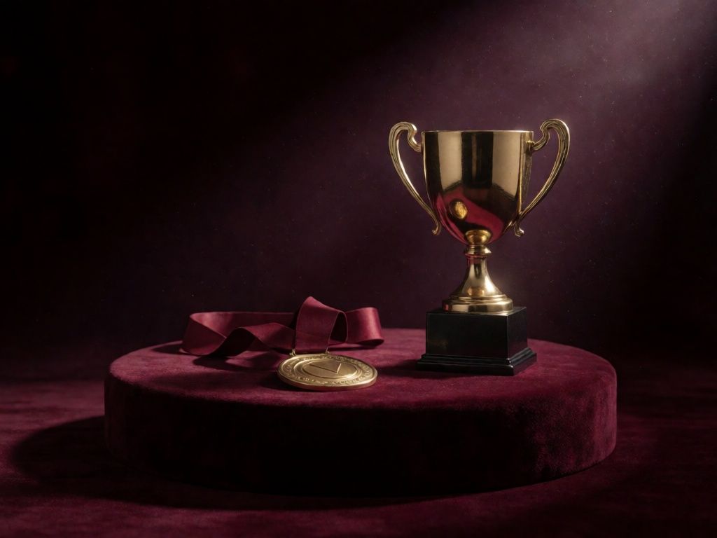 Кубок і медаль чемпіонату Level Up Championship на оксамитовому подіумі